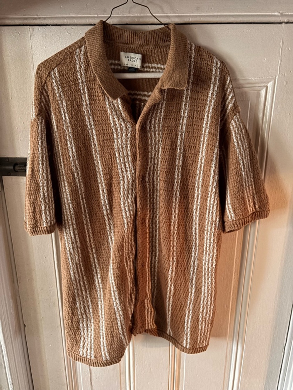 American Eagle Brown & White Striped Knit Polo
